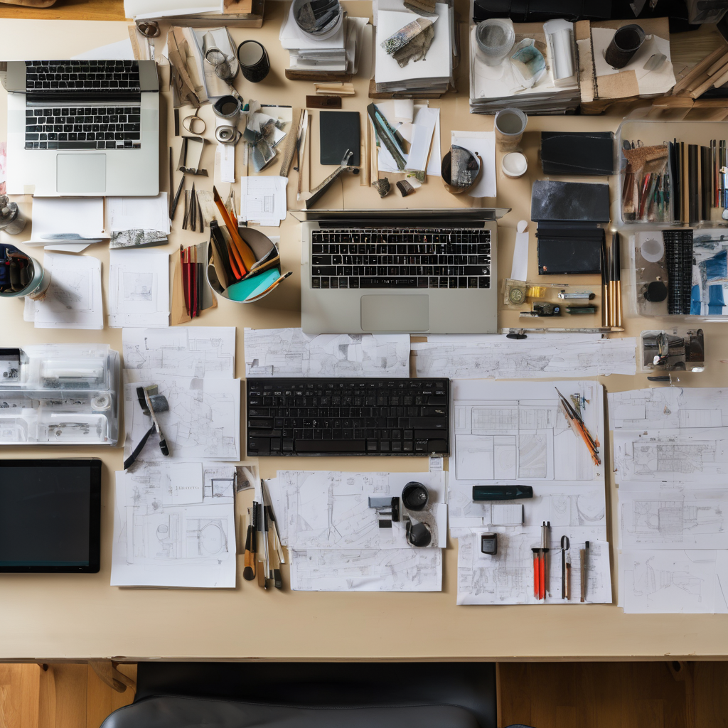 Overhead view of creative workspace showing sketches, materials and tools in organized progression